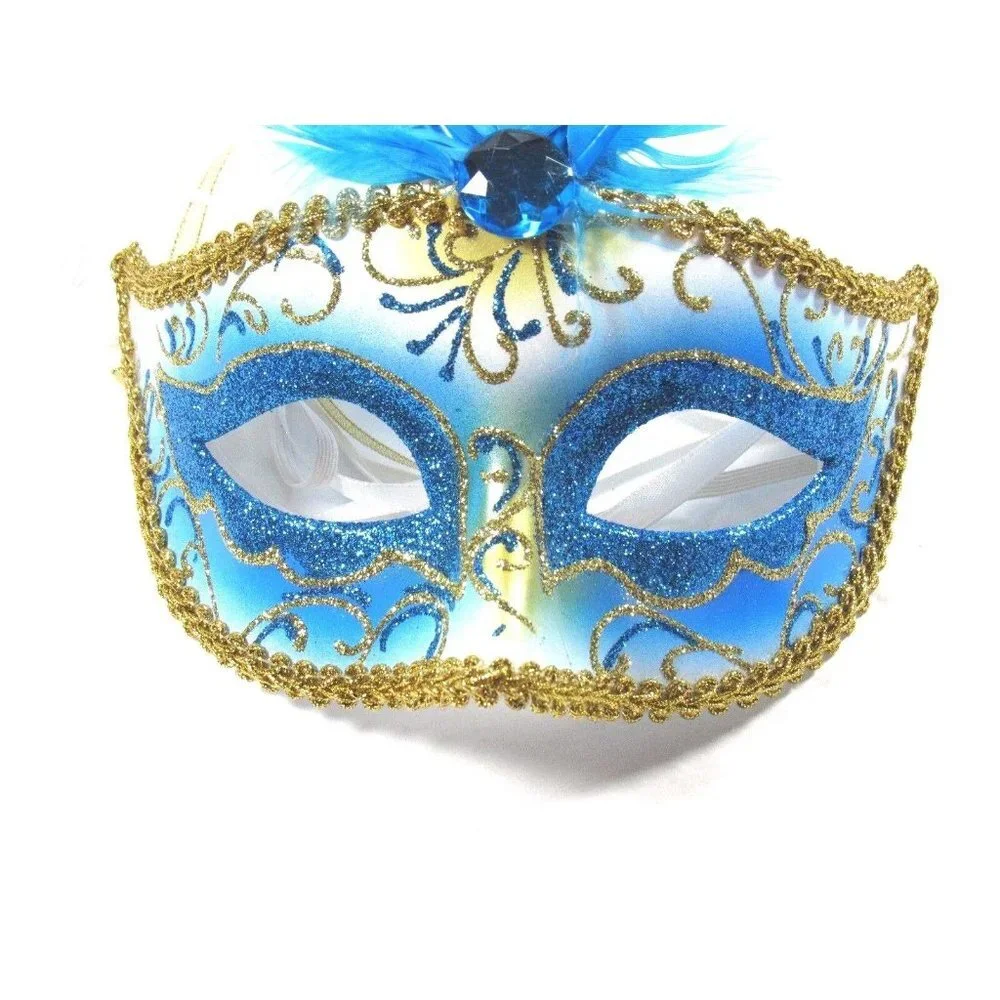 Eye Mask Womens Halloween Mardi Gras Feather Blue Masquerade Mask One Size New